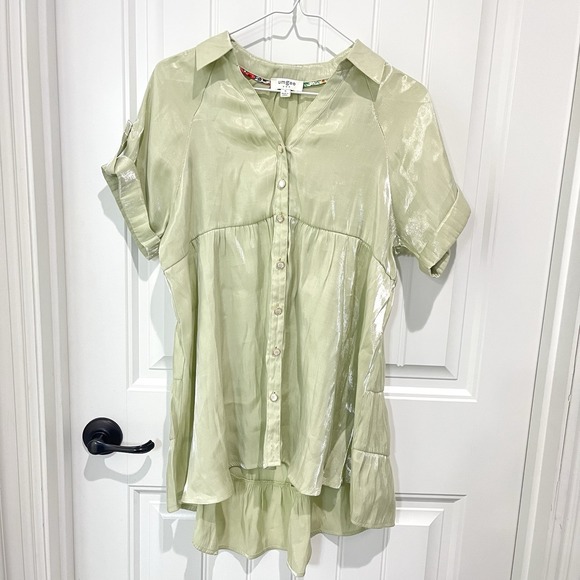 Anthropologie Tops - Umgee Green Shimmer‎ Babydoll Shirt Tunic Button Up Tiered SM Fairy Boho Revival
